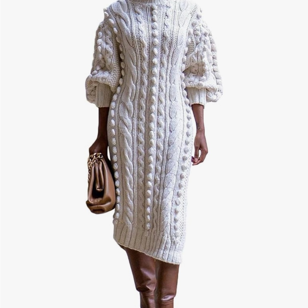White 3/4 Bishop Sleeve Cowl Neck Sweater Dress